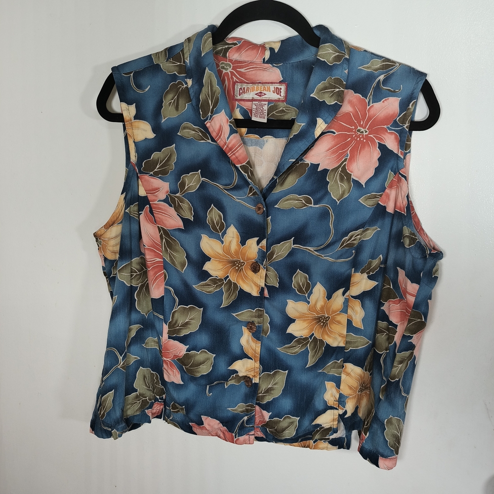 Caribbean Joe Blue Pink and Orange Floral Print Sleeveless Blouse